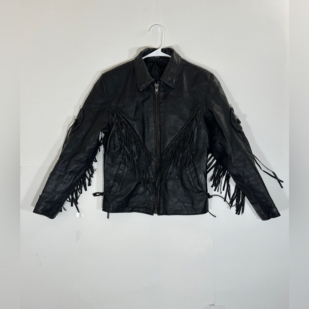 Fringed Black Leather Motorcycle Jacket Vintage Biker Women Medium 1990s Western - Picture 12 of 15